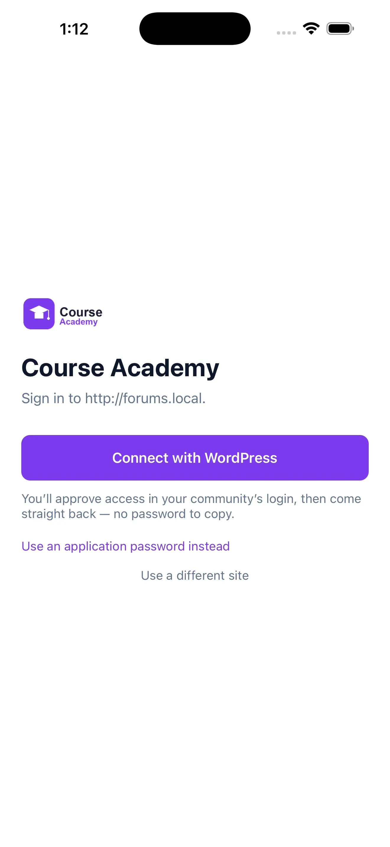 The mobile app sign-in screen branded from WordPress settings: the community logo, the community name, and the accent color applied to the sign-in button and links