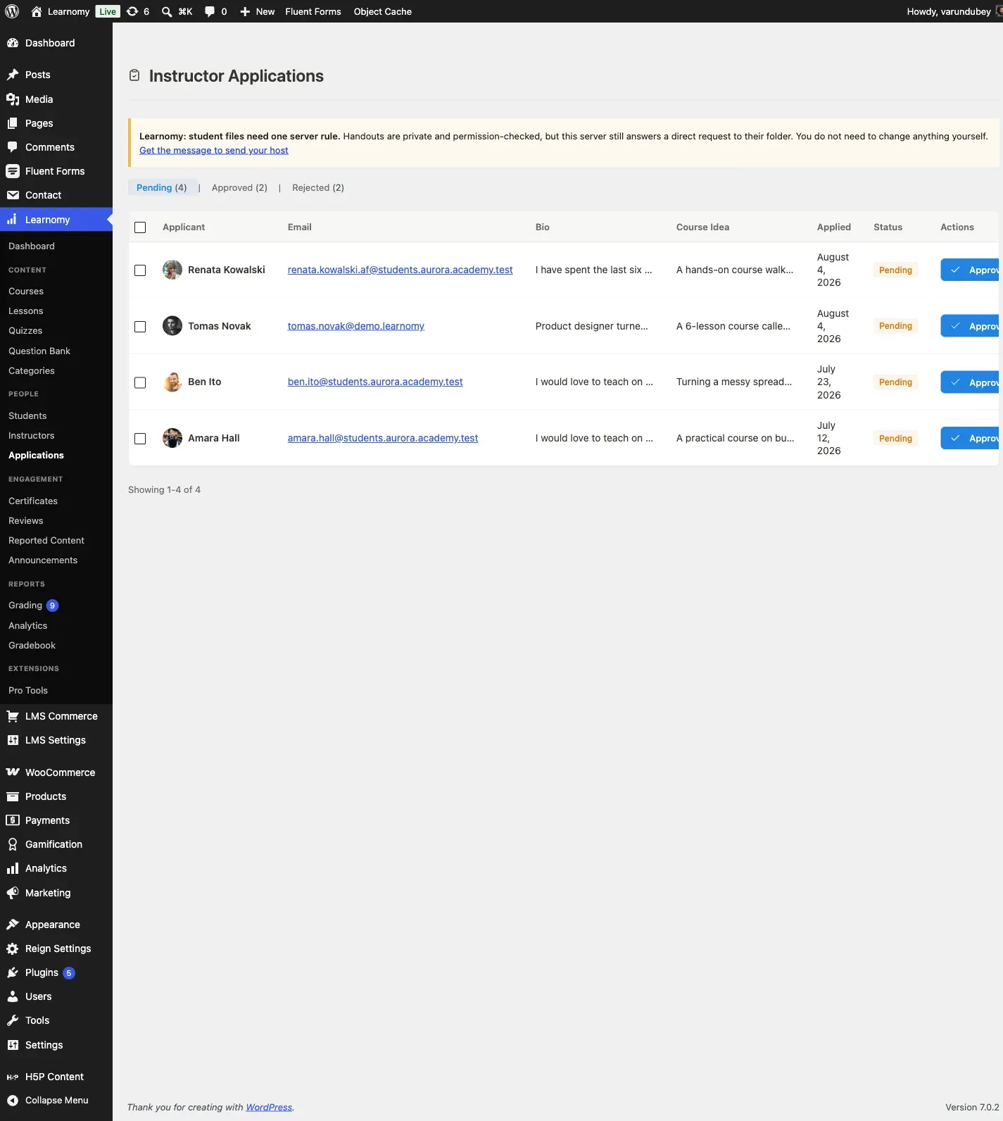 Instructor Applications queue with four pending rows