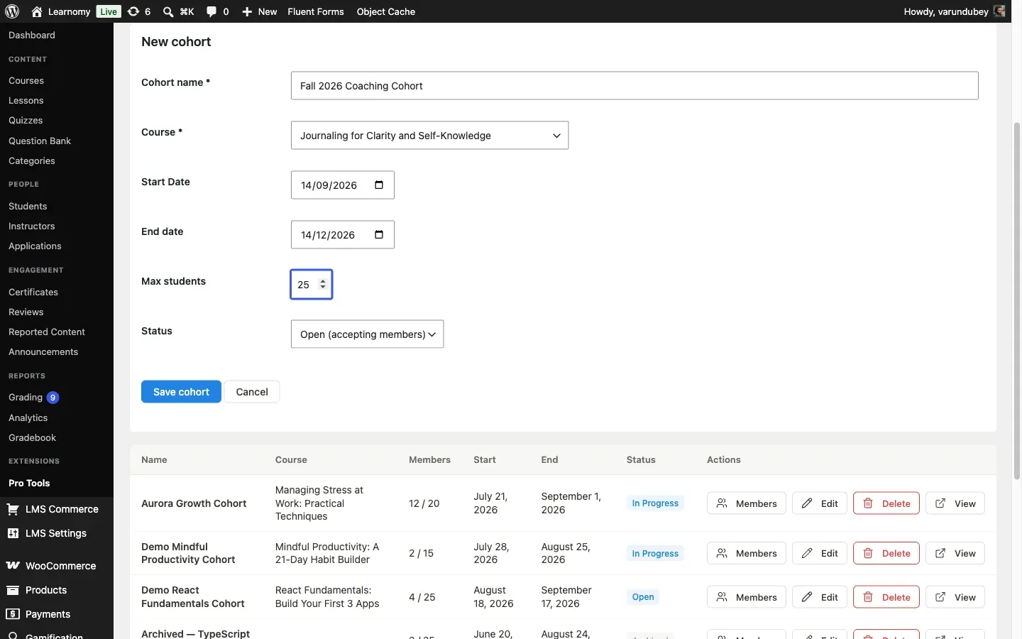 New cohort form filled in with a name, course, start date, end date, max students, and status set to Open, with the existing Aurora Growth Cohort visible in the table below it