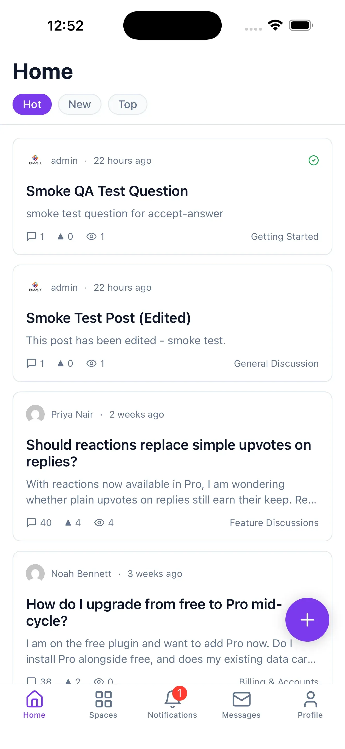 A community’s accent color applied throughout the mobile app - the active feed tab, links, and the compose button all use the brand color