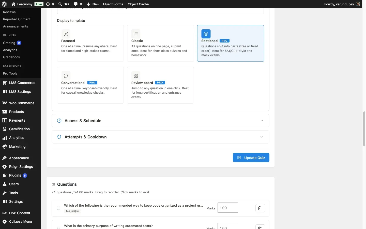 Display template selector showing all five layouts, Focused, Classic, Sectioned, Conversational, and Review board, with Sectioned selected