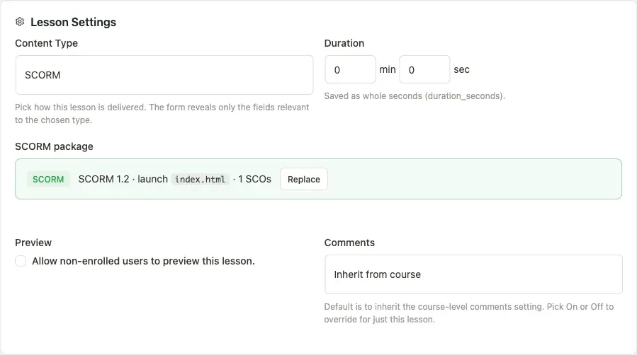Lesson Settings card with SCORM content type and package summary