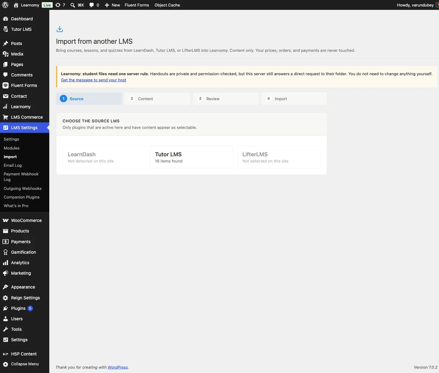 Import wizard source selection step listing LearnDash, Tutor LMS, and LifterLMS