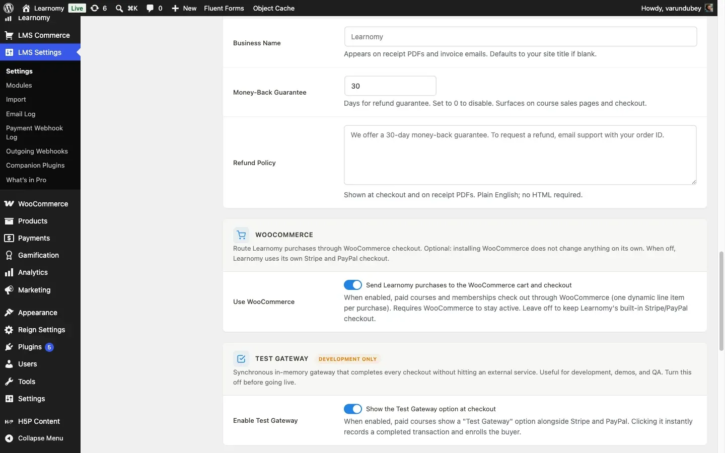 Payments settings with the WooCommerce card enabled