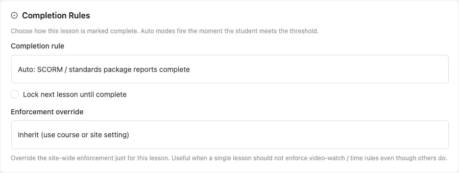 Completion Rules card with Auto: SCORM / standards package reports complete selected