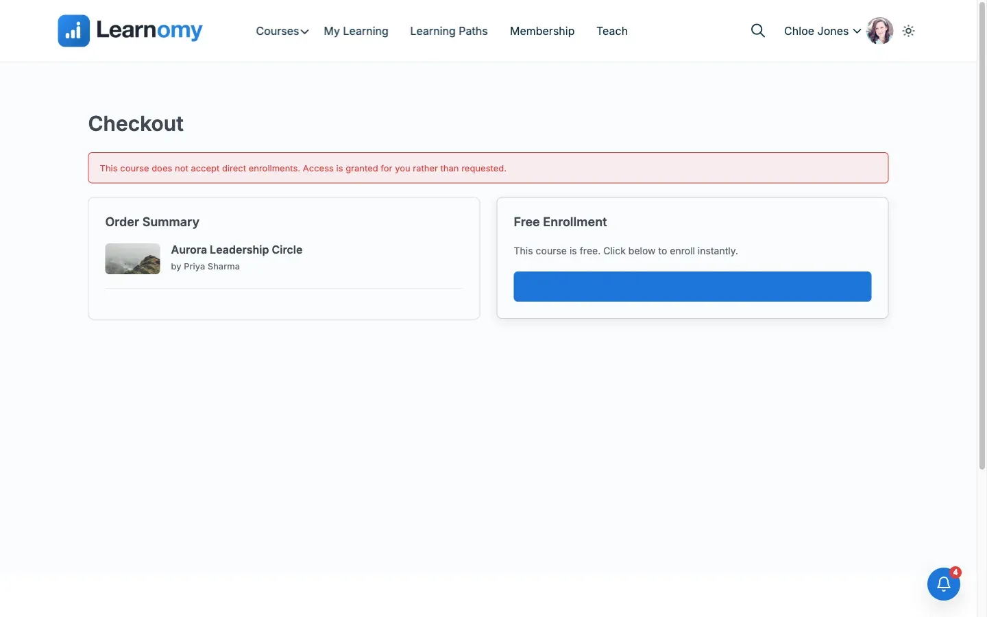 Checkout page showing the direct-enrollment refusal message