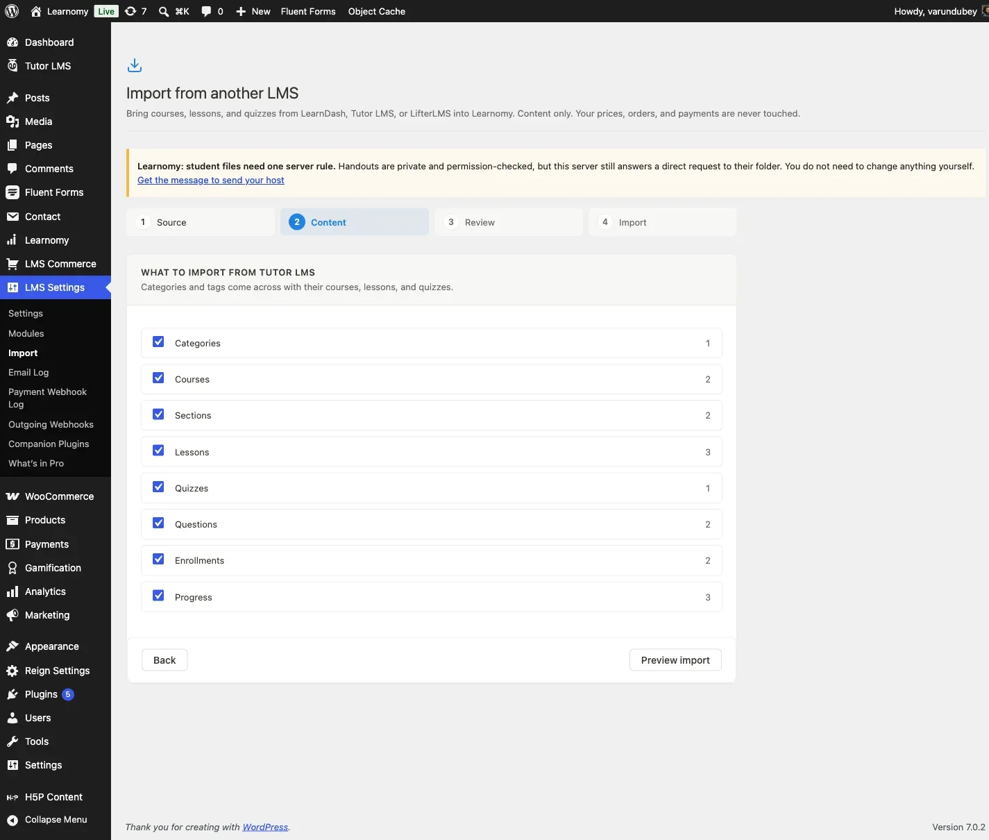 Content selection step showing item checklist with Enrollments and Progress toggles checked