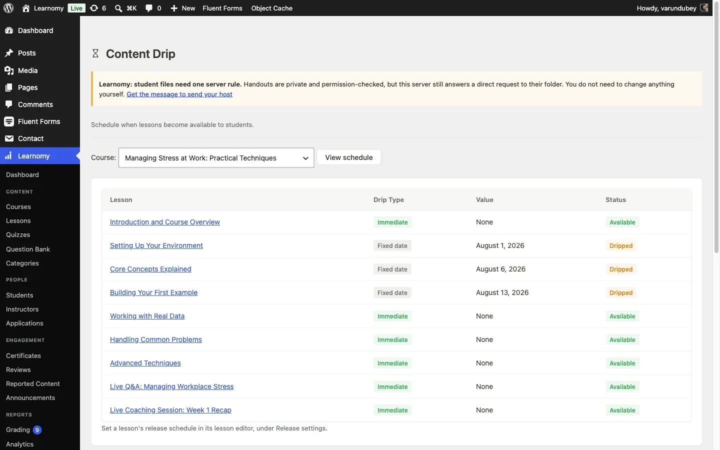 Content Drip schedule for Managing Stress at Work: Practical Techniques, showing Setting Up Your Environment dripped August 1, Core Concepts Explained dripped August 6, and Building Your First Example dripped August 13, roughly a week apart