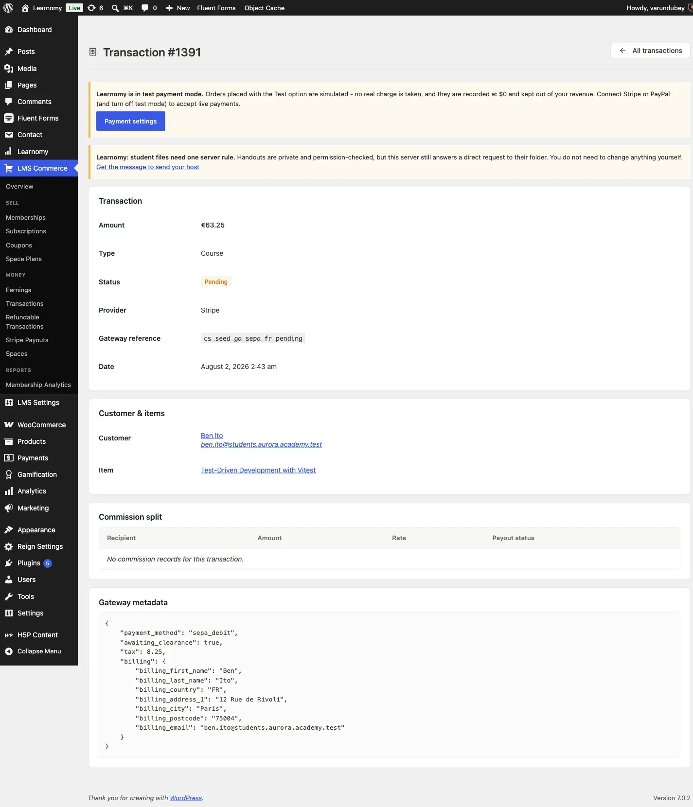 Pending transaction detail, status Pending, gateway metadata showing awaiting_clearance true