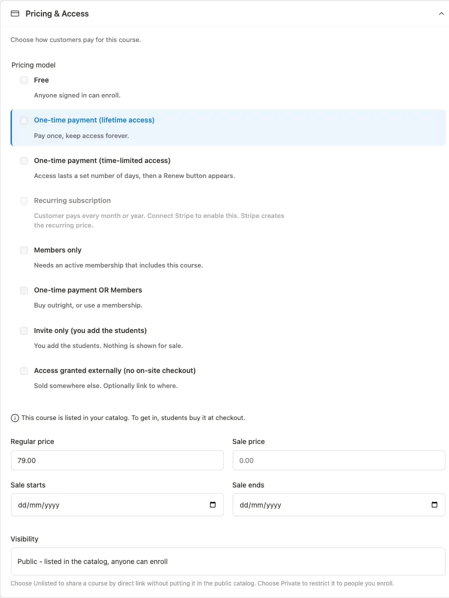 Pricing model selector showing all eight options