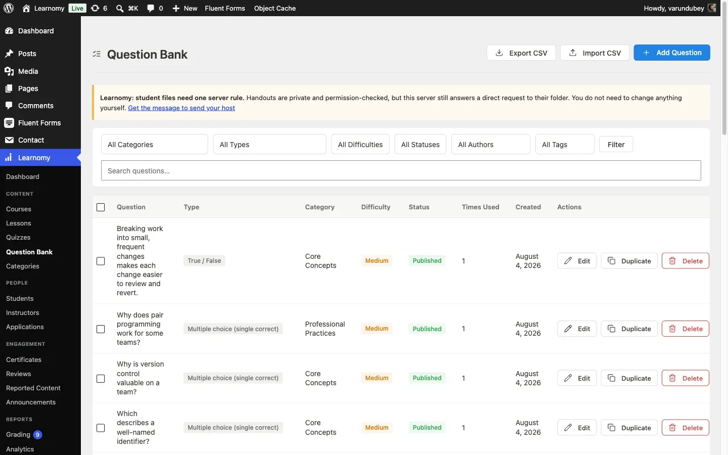 Question Bank list with filter bar for category, type, difficulty, status, author, and tag