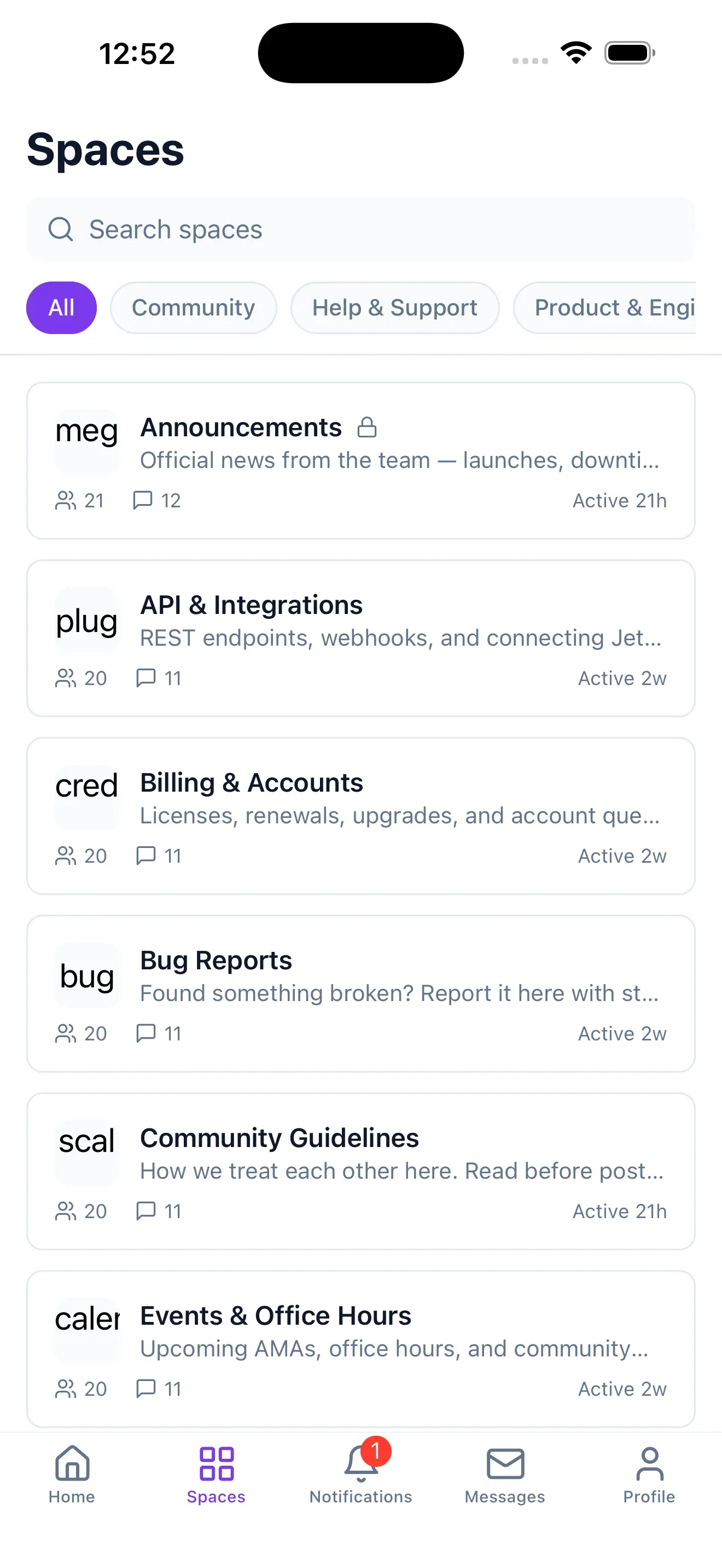 The Spaces screen in the mobile app, listing forums and Q&amp;A spaces with category filters, member counts, and recent activity