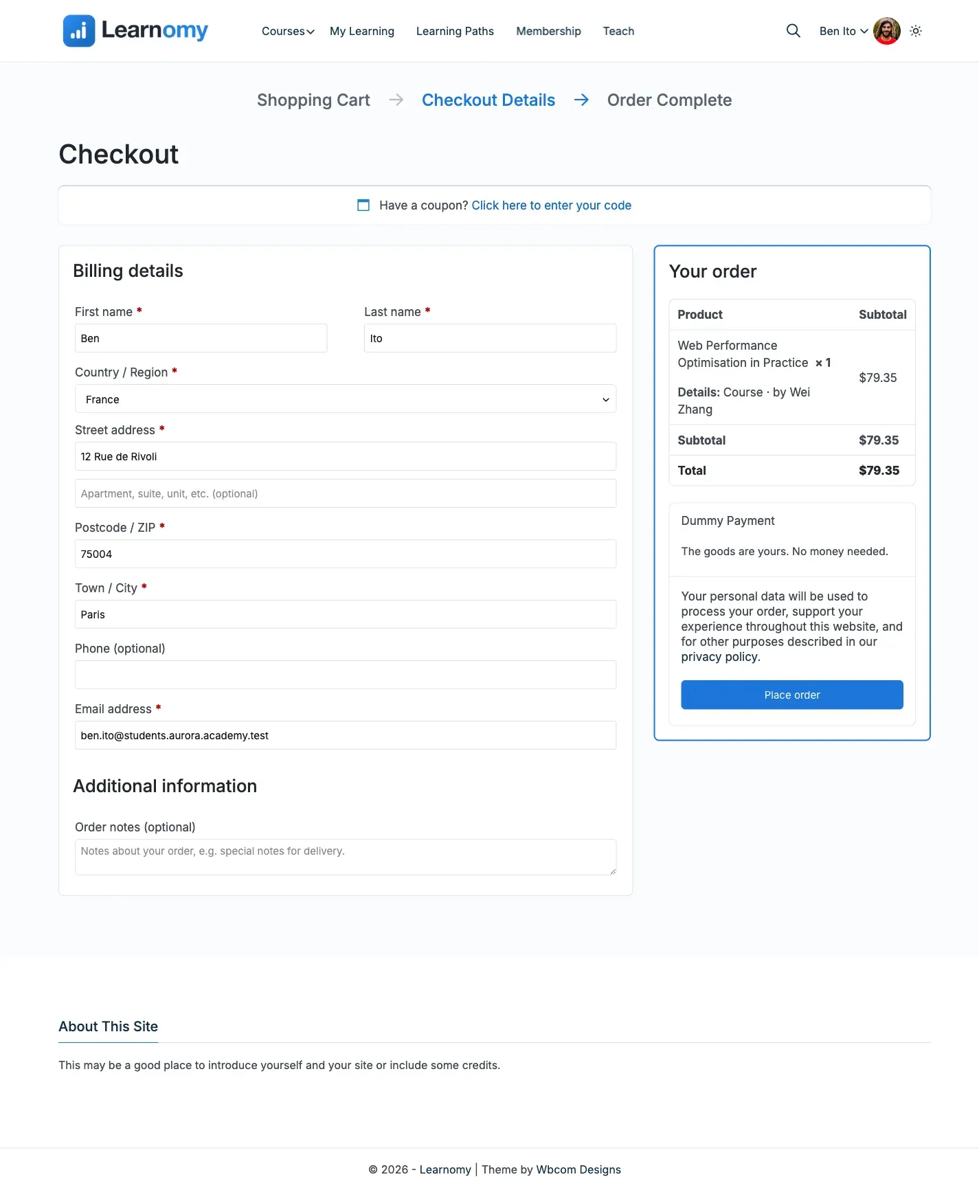 WooCommerce checkout carrying the course as a single line item