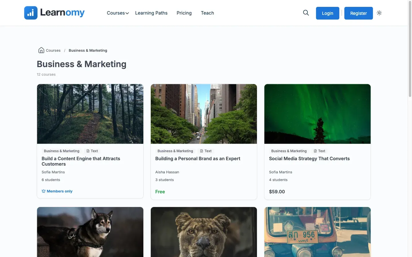 Logged-out catalog and category listing without either private course