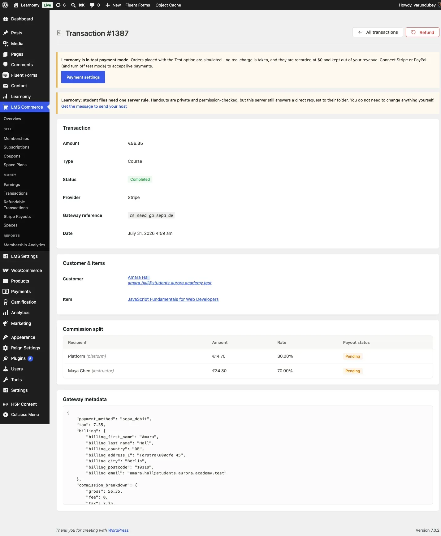 Cleared SEPA transaction detail, frozen German billing address, tax and commission split shown