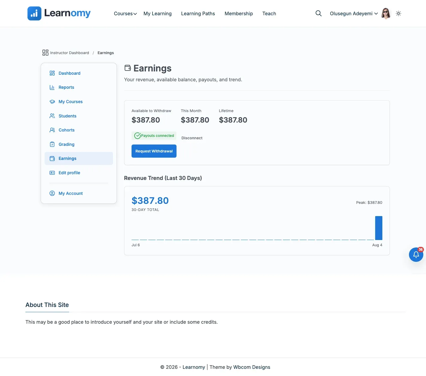 Instructor Earnings page with Available to Withdraw, This Month, and Lifetime figures