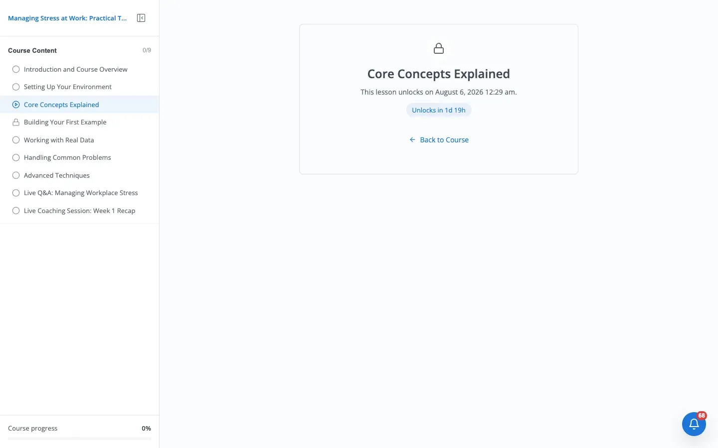 Locked lesson page for Core Concepts Explained showing a lock icon, “This lesson unlocks on August 6, 2026 12 am”, and an “Unlocks in 1d 19h” badge