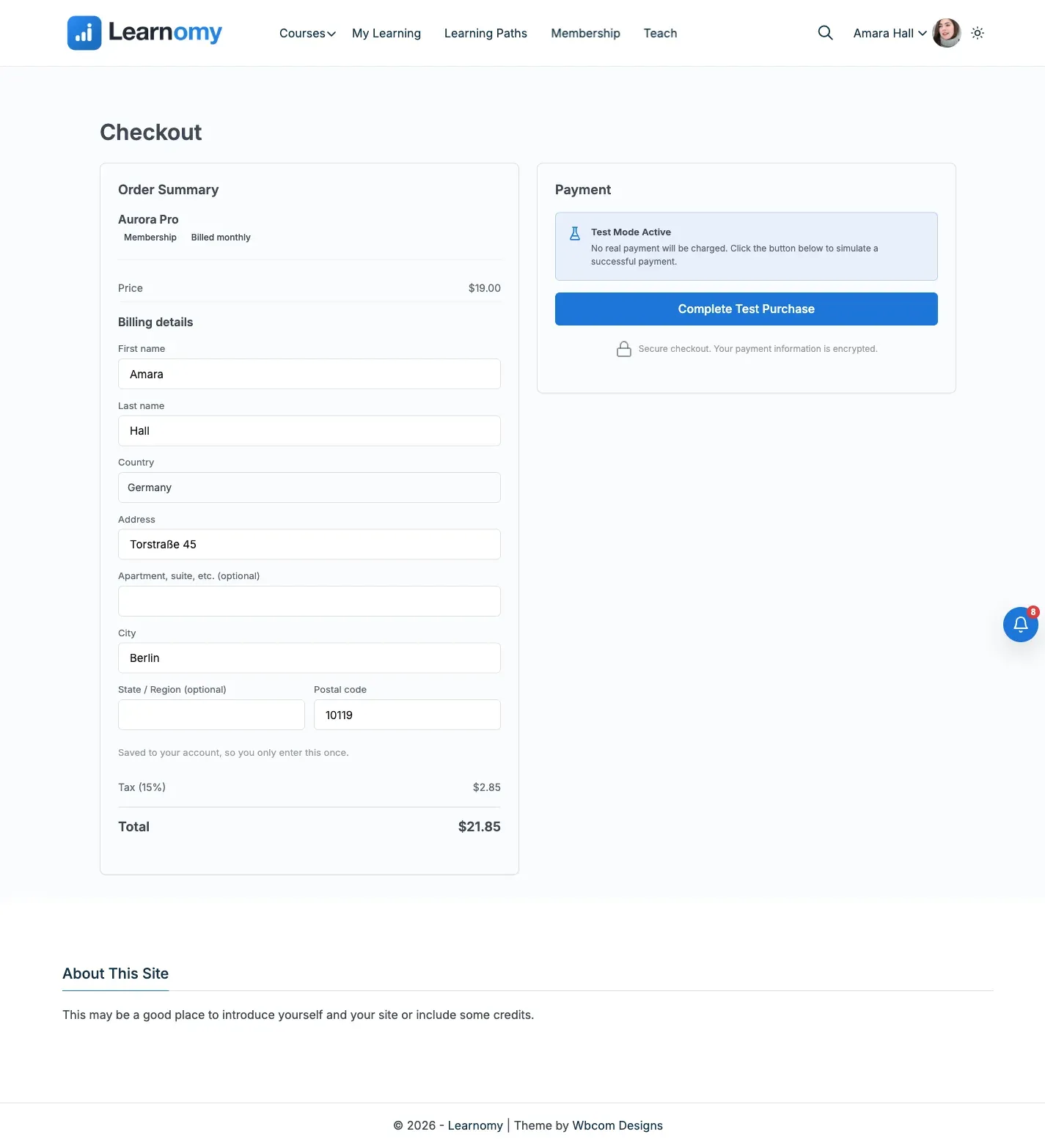 Student checkout for the Aurora Pro plan with Test Payment selected