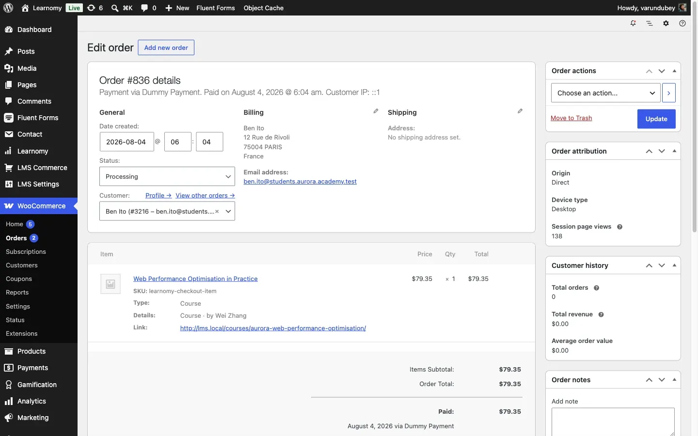 Completed WooCommerce order for the course purchase