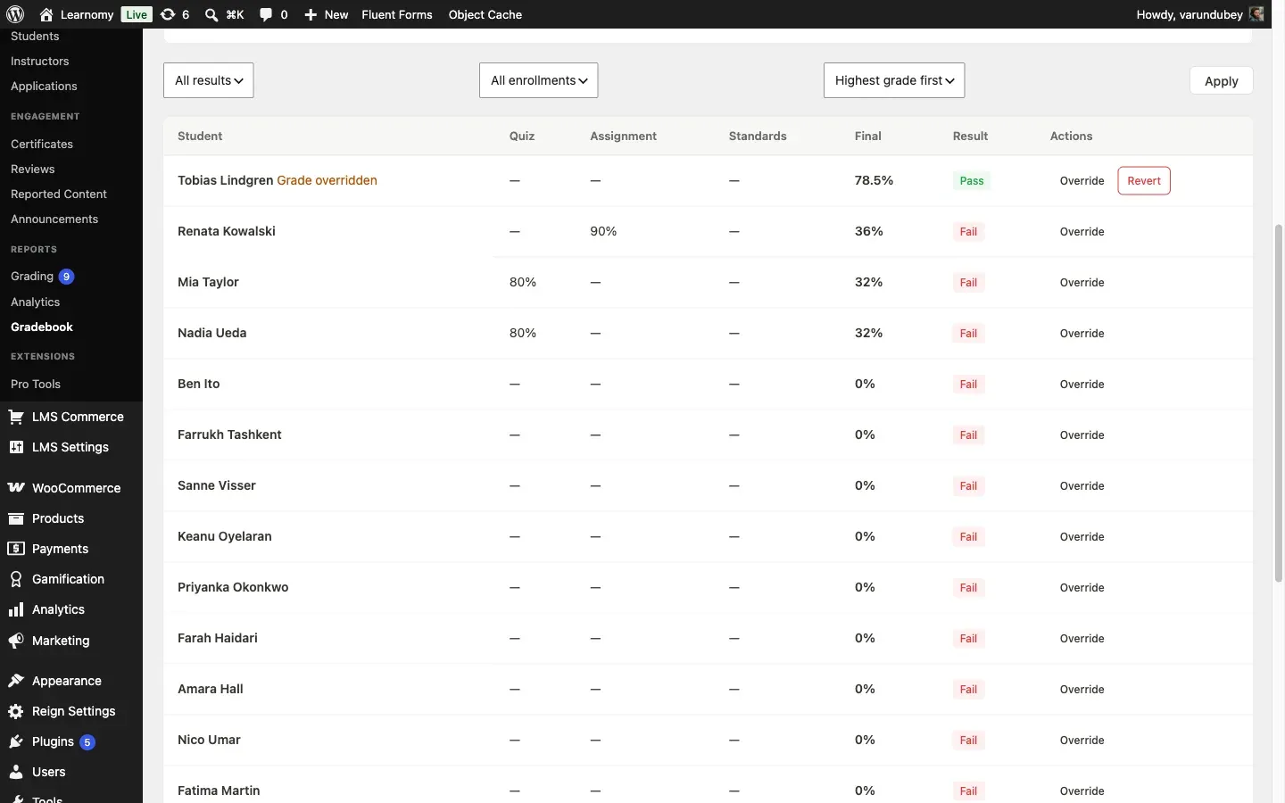 Gradebook grid with Tobias Lindgren showing a Grade overridden badge, 78.5% Pass, and a Revert action