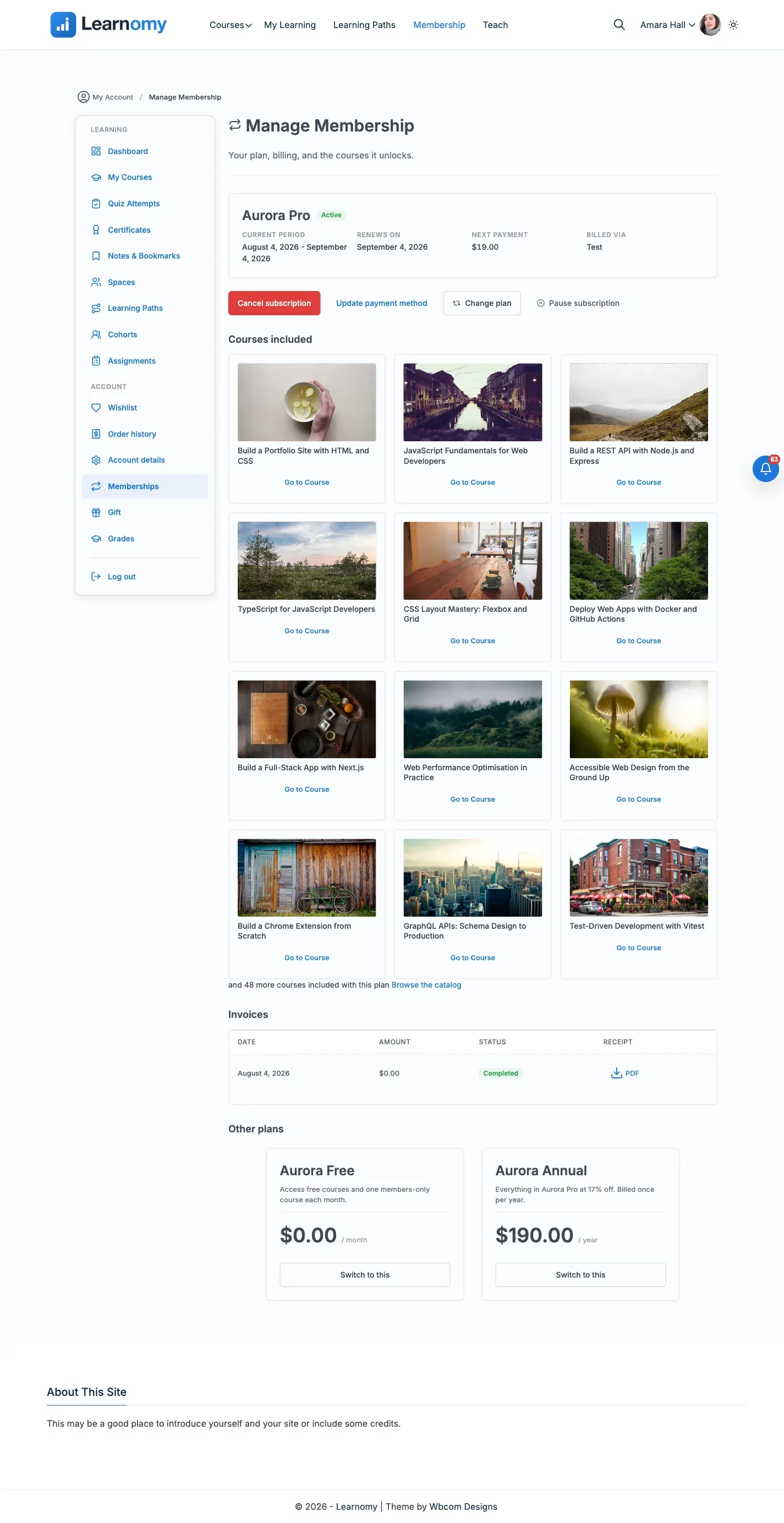 Manage Membership page showing the active Aurora Pro plan, its included courses, and the invoices table