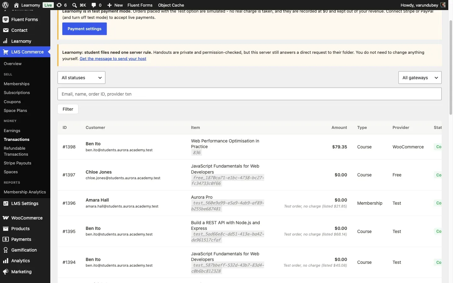 Learnomy transaction record showing provider WooCommerce and the matching order number