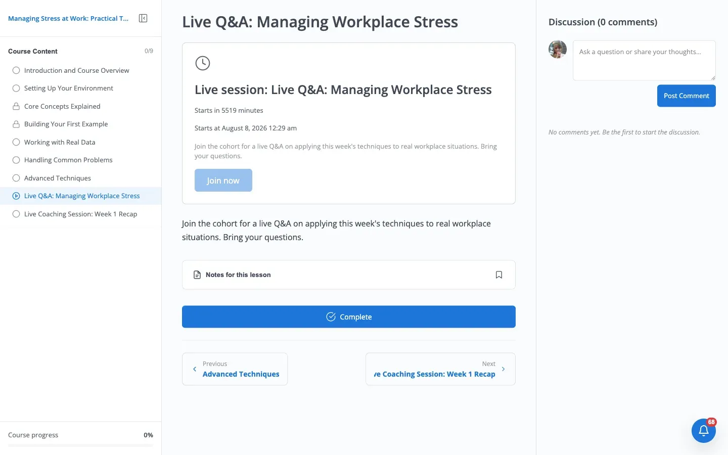 Live lesson page in the pre-session state, showing “Starts in 5519 minutes”, “Starts at August 8, 2026 12 am”, and a disabled Join now button