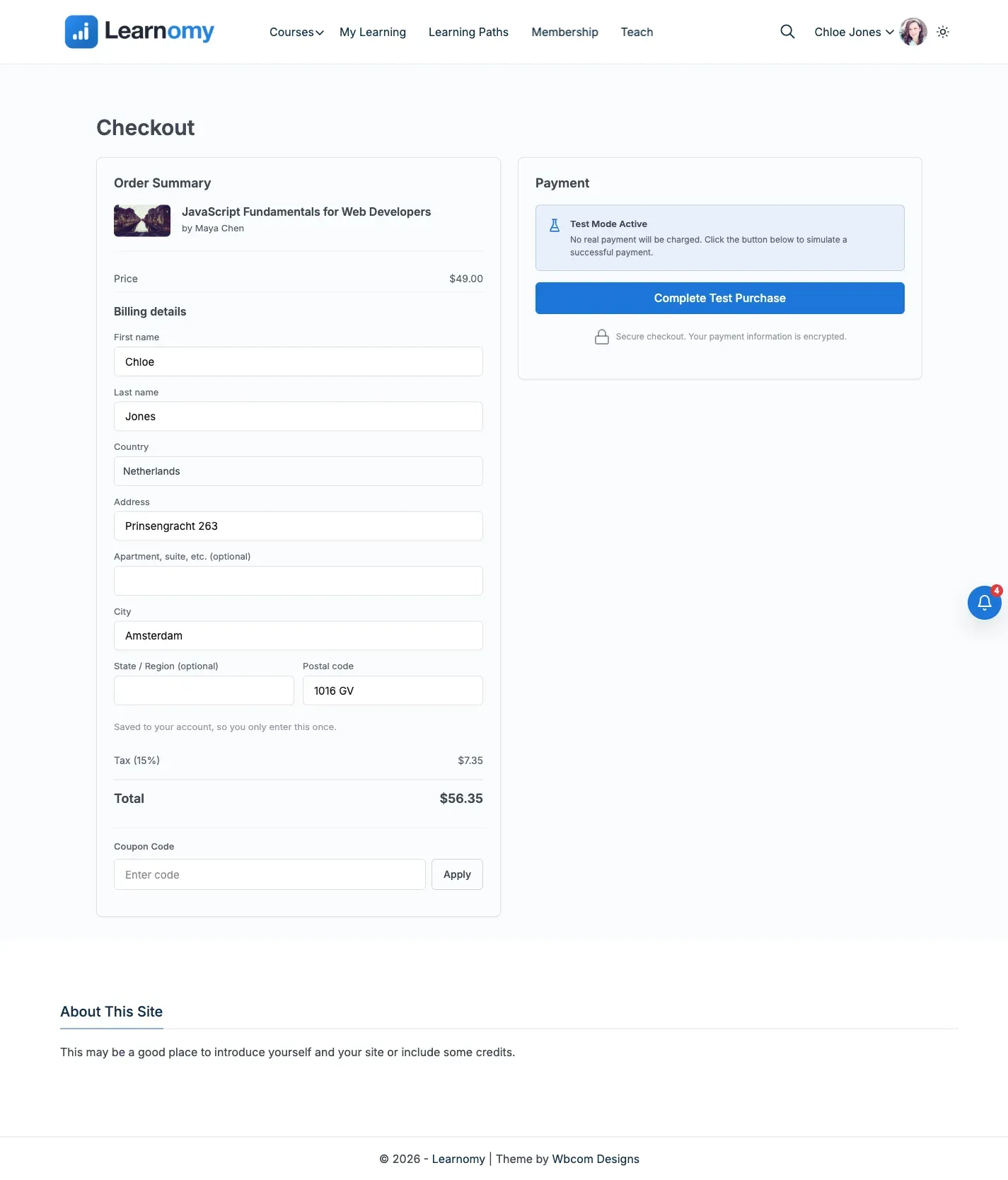 Checkout billing details form, pre-filled with a Netherlands address, tax line shown
