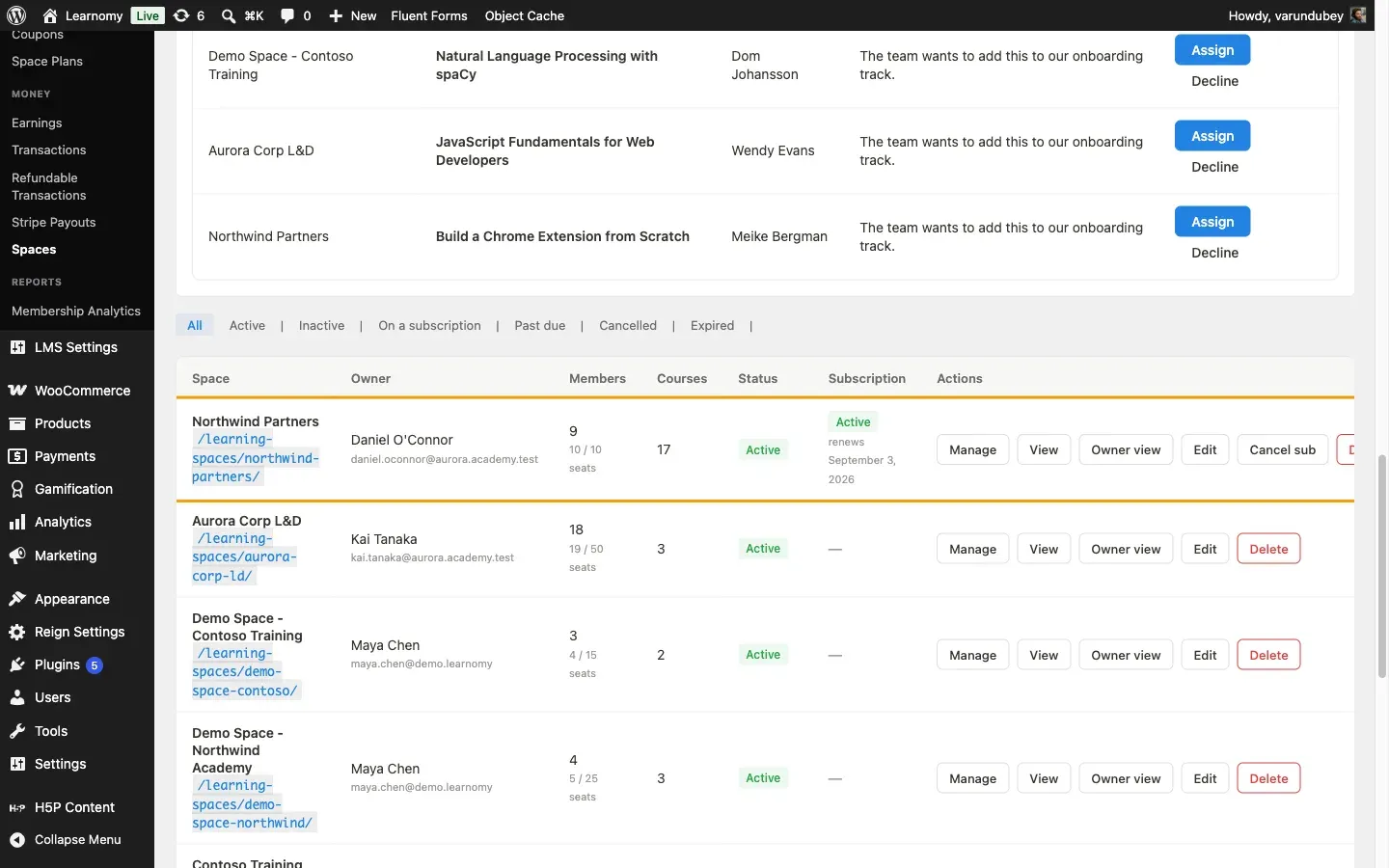 Spaces list, Subscription column, showing Northwind Partners as an active monthly subscription