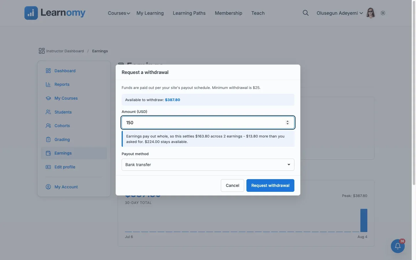 Request a withdrawal dialog, filled in with amount and payout method