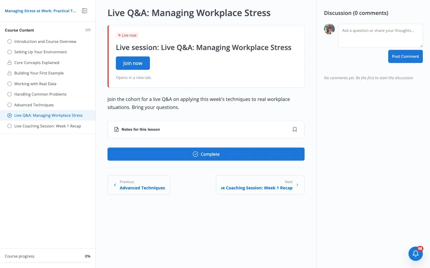 Live lesson page in the live state, showing a red “Live now” badge and an enabled Join now button that opens in a new tab