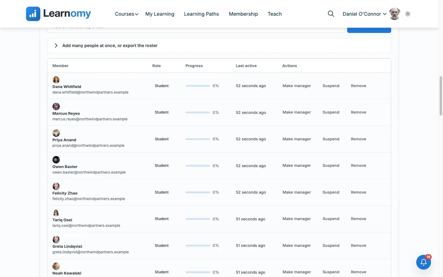 Owner dashboard Members panel, showing the nine-person roster with role, progress, and per-row actions