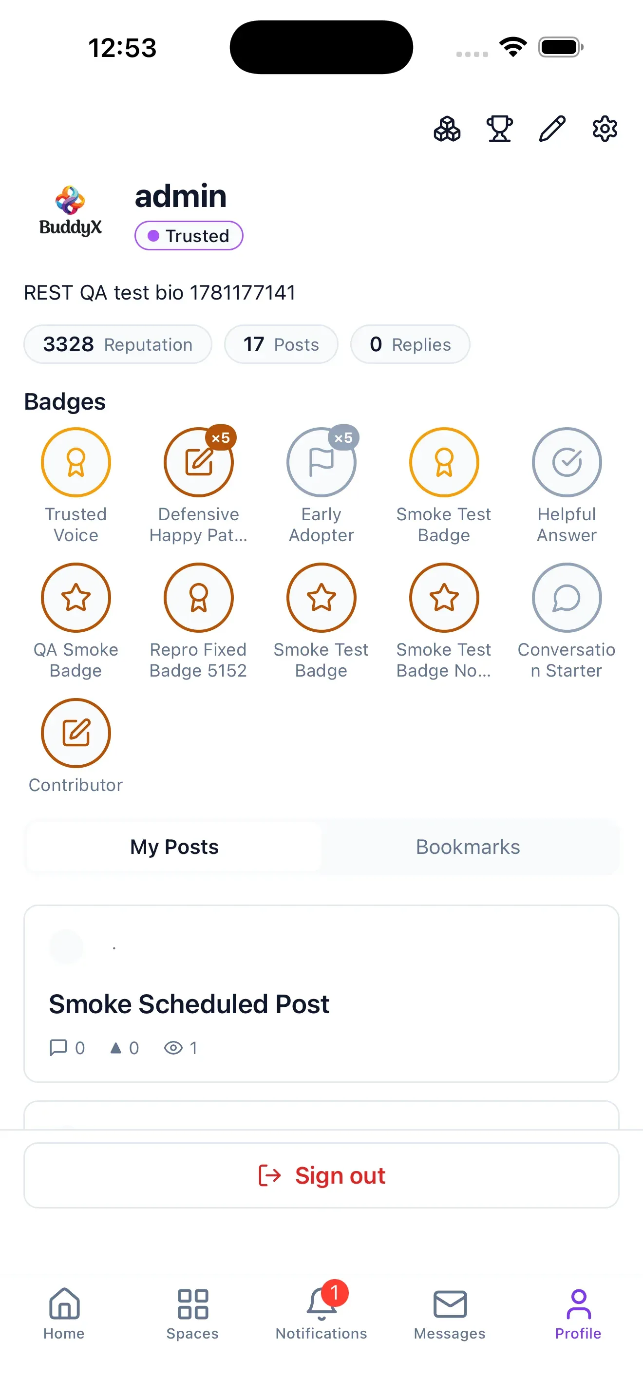 A member’s profile in the mobile app, showing their reputation, badges, and posts