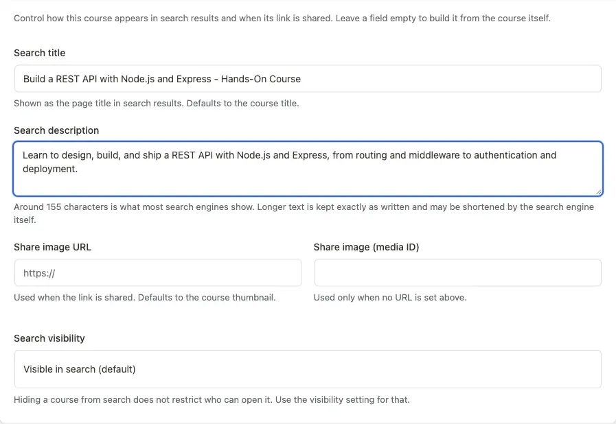 SEO override fields on the course editor