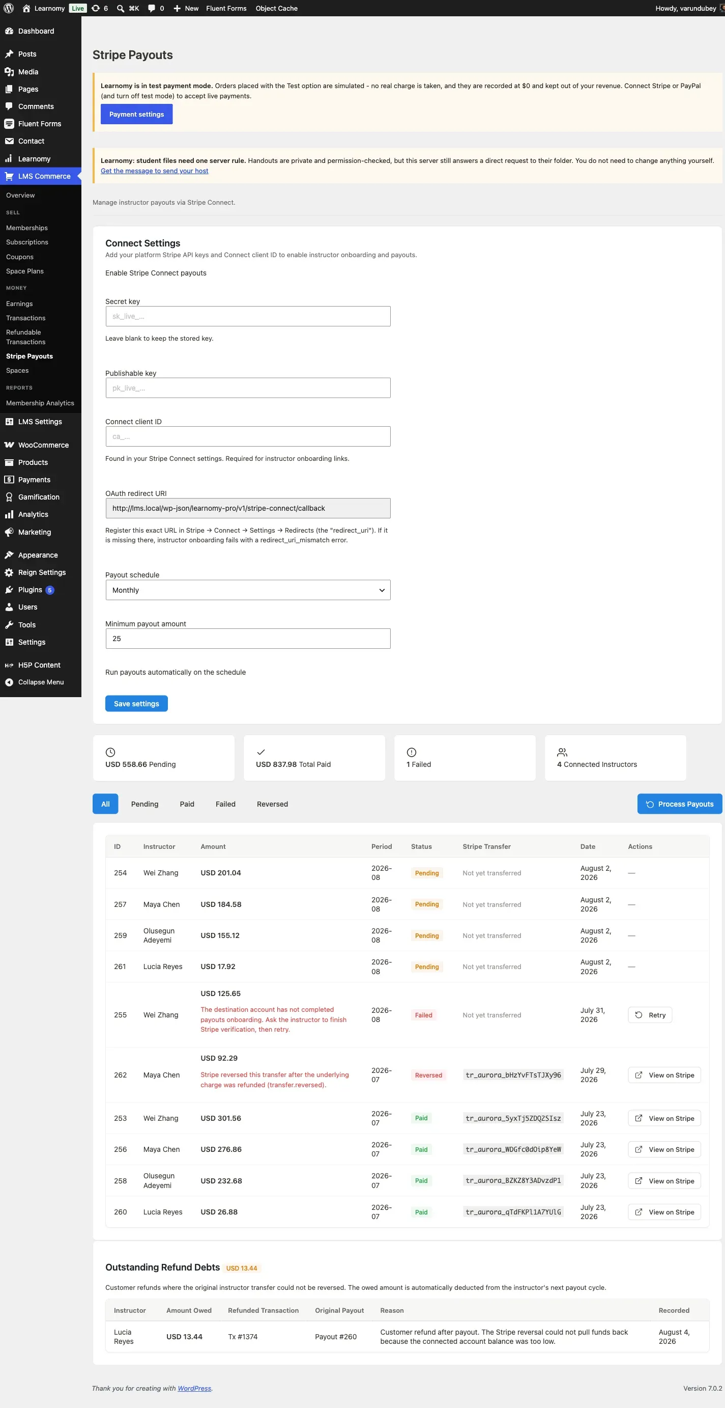 Stripe Payouts page with paid, pending, and failed rows across four connected instructors