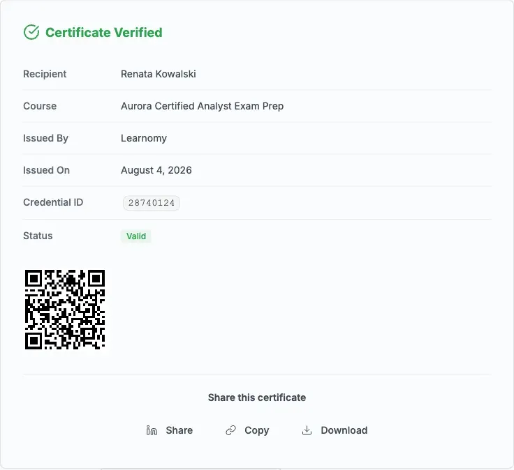 Certificate Verified result block with recipient, course, credential ID, status, and QR