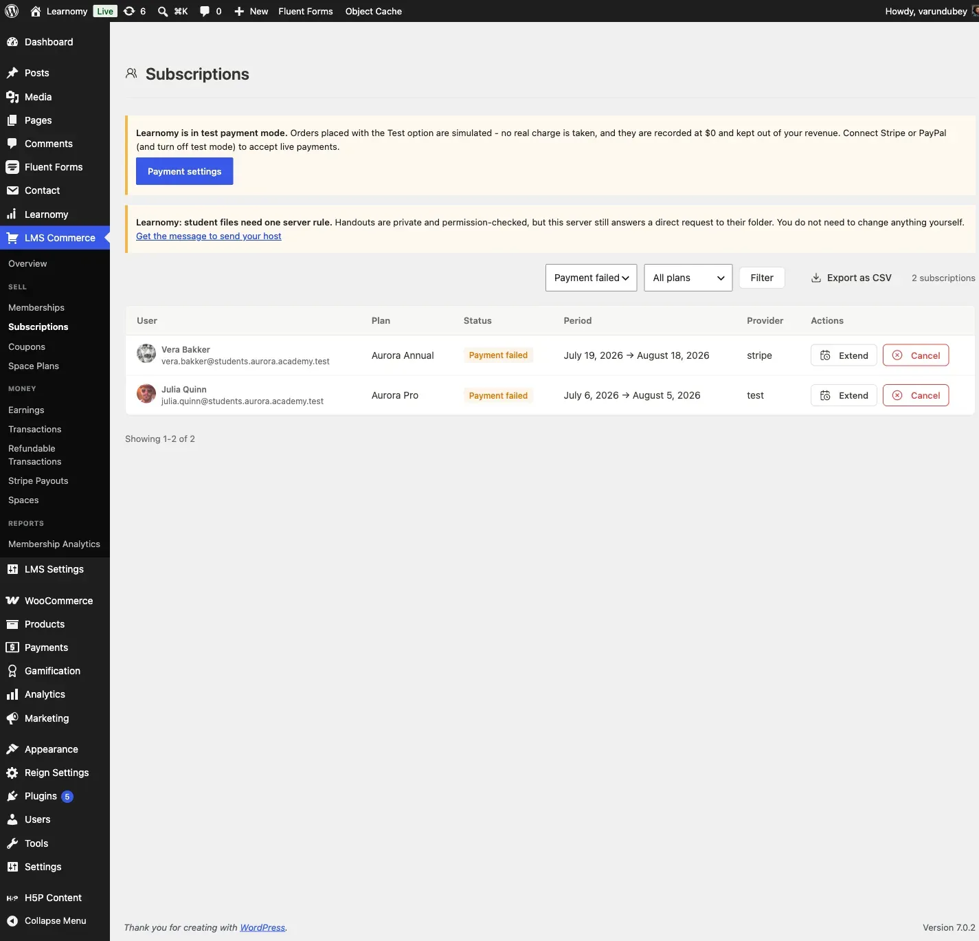 Subscriptions list filtered to Payment failed, showing two past-due members