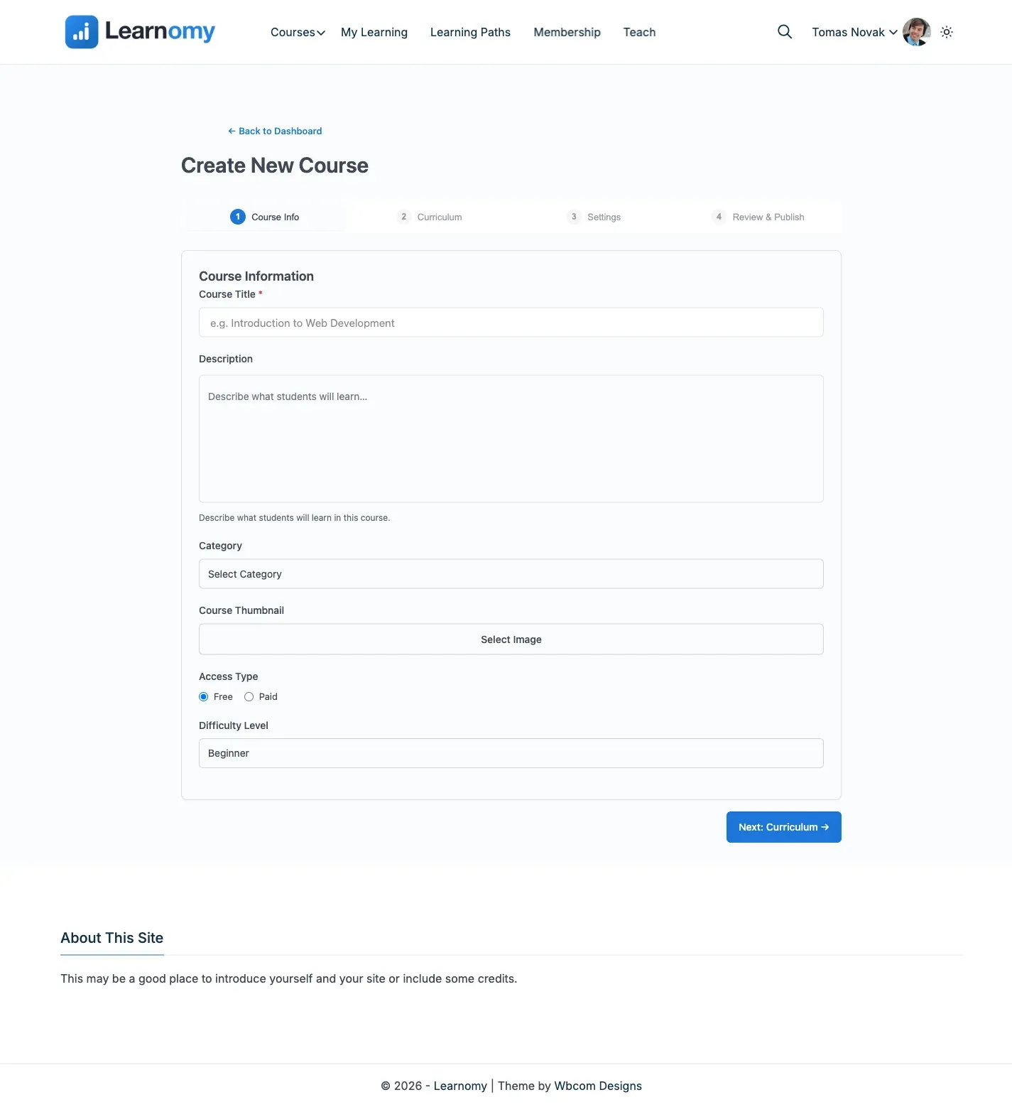 Frontend course builder, Course Info step, as a newly approved instructor