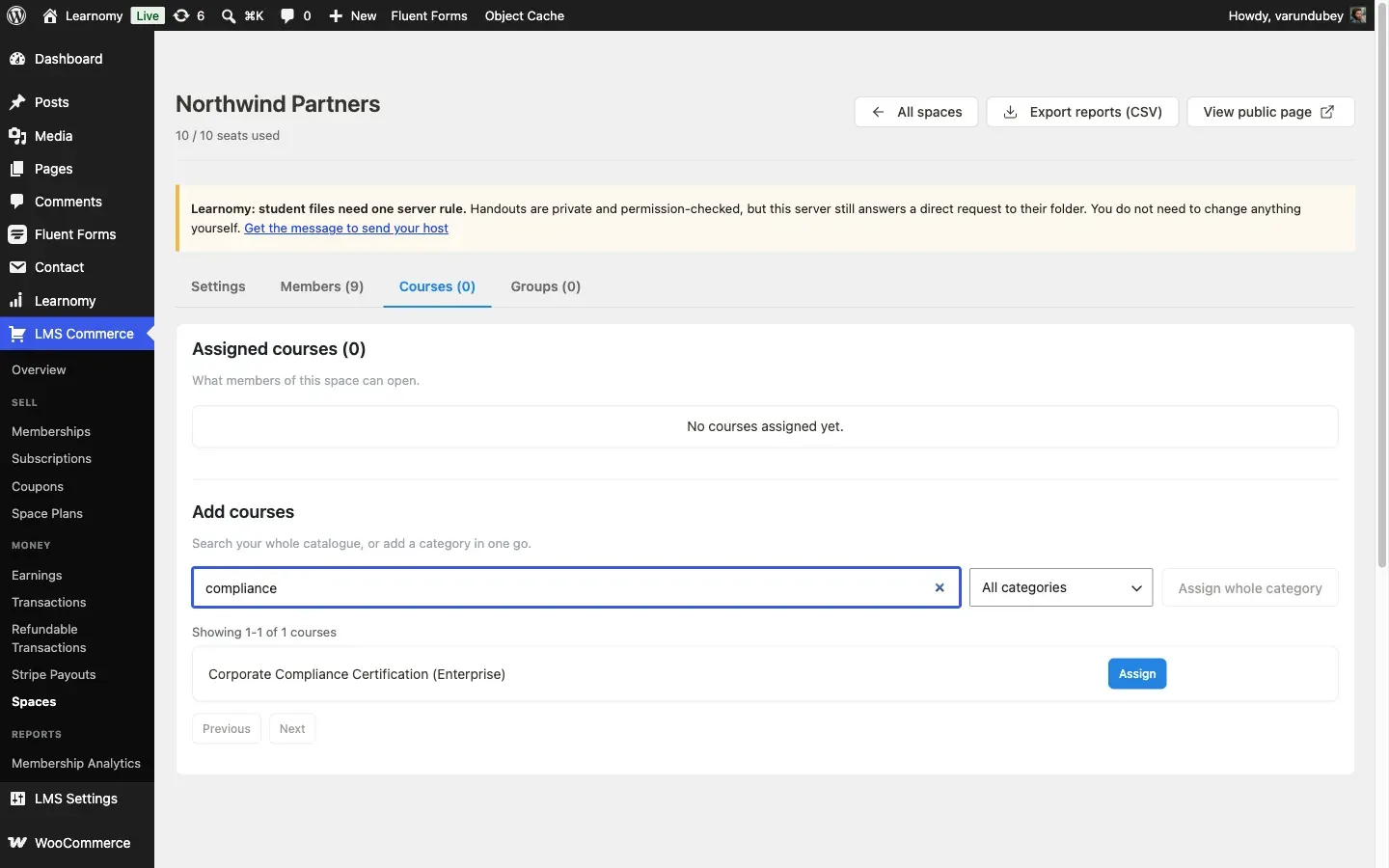 Course search results for “compliance” inside the Add courses panel