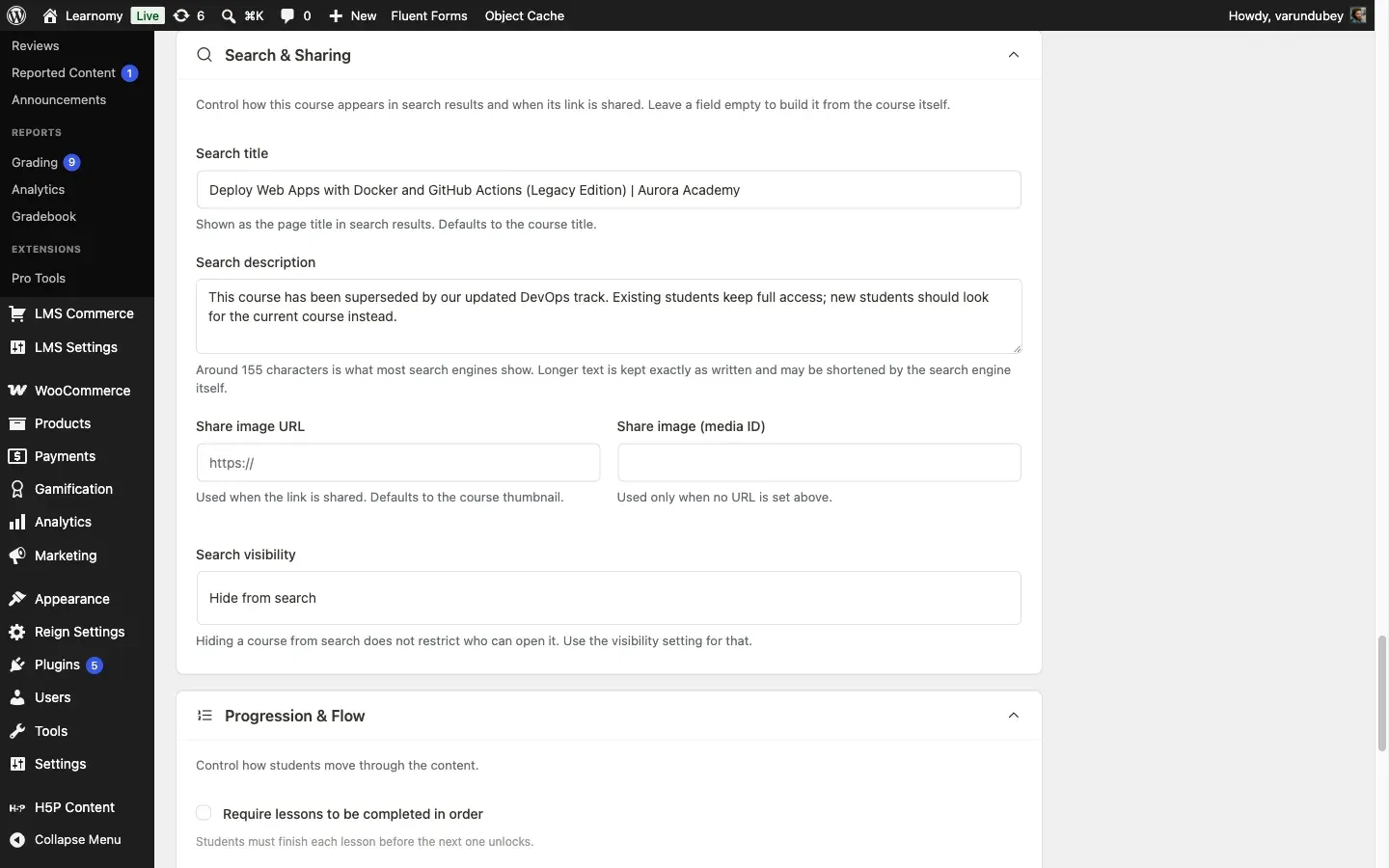Search & Sharing section, Search title and Search description overridden for a superseded course