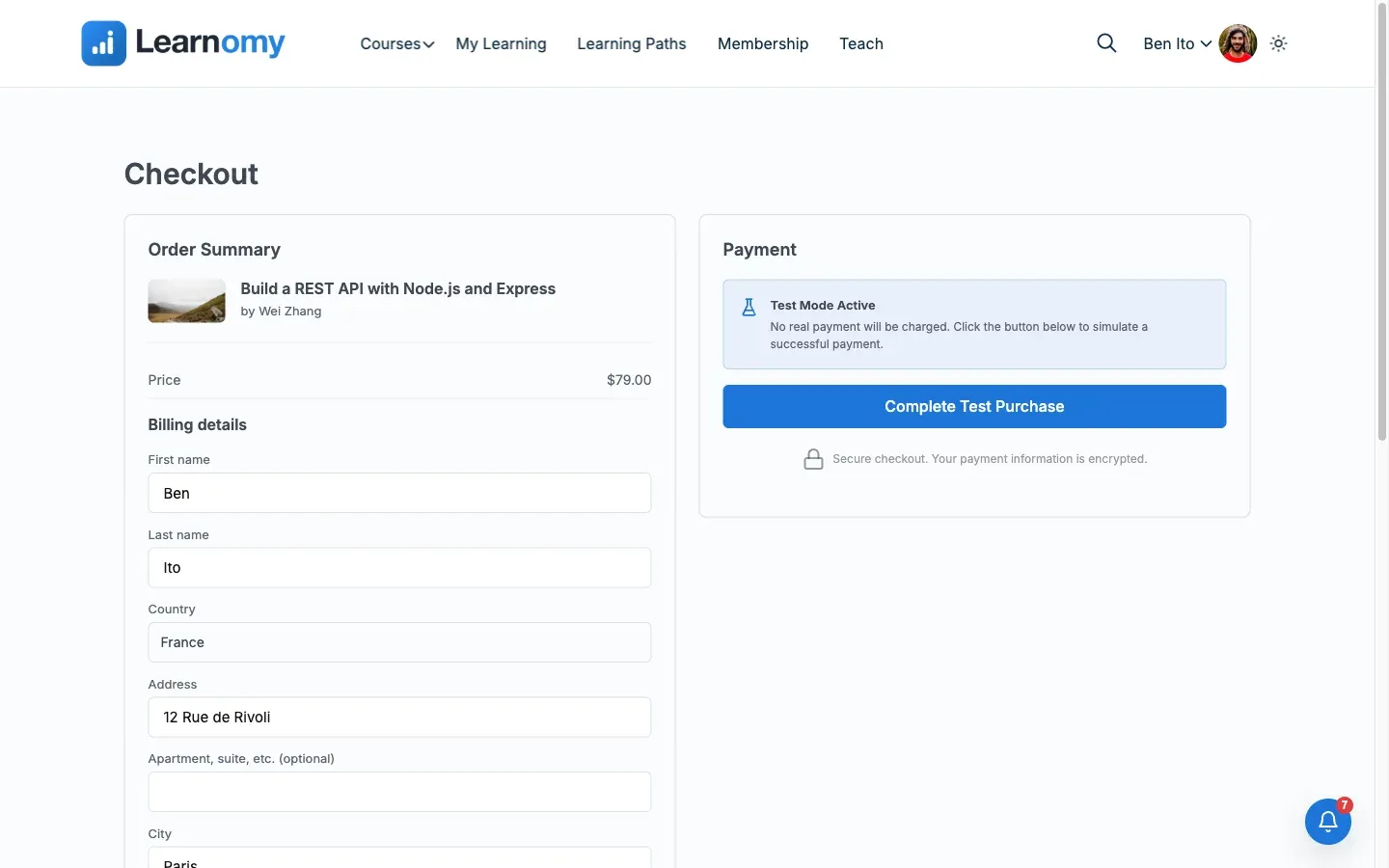 Student checkout page with Test Payment selected