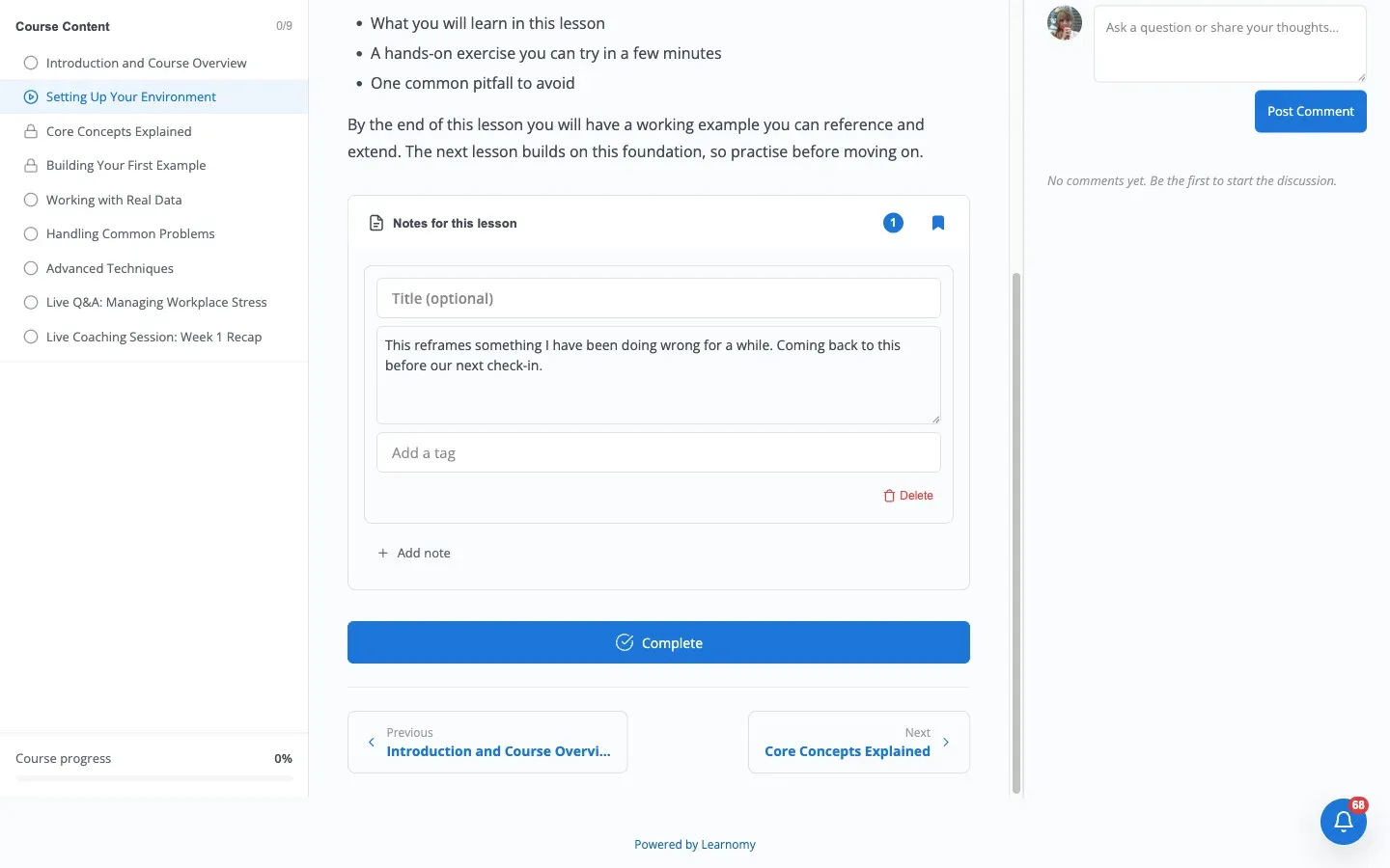 Notes panel expanded on the Setting Up Your Environment lesson, showing one saved note, a tag field, an Add note action, and an active blue bookmark toggle