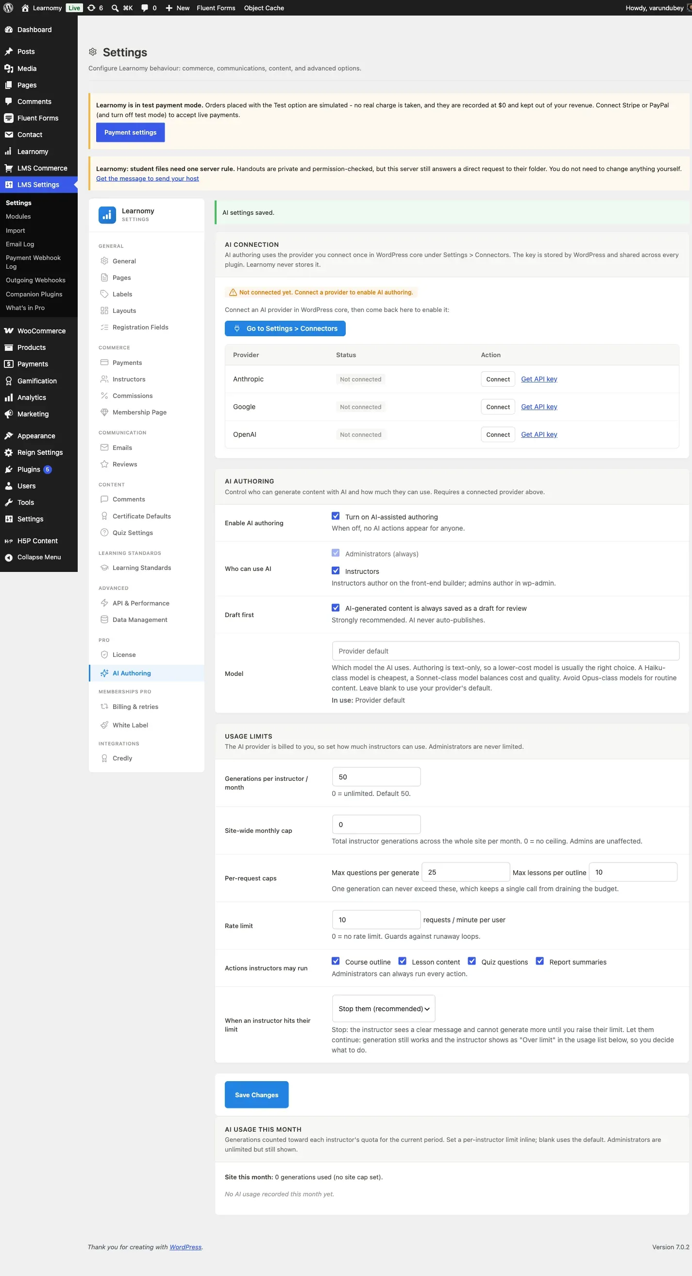 AI authoring settings enabled, with the AI connection card reading Not connected yet
