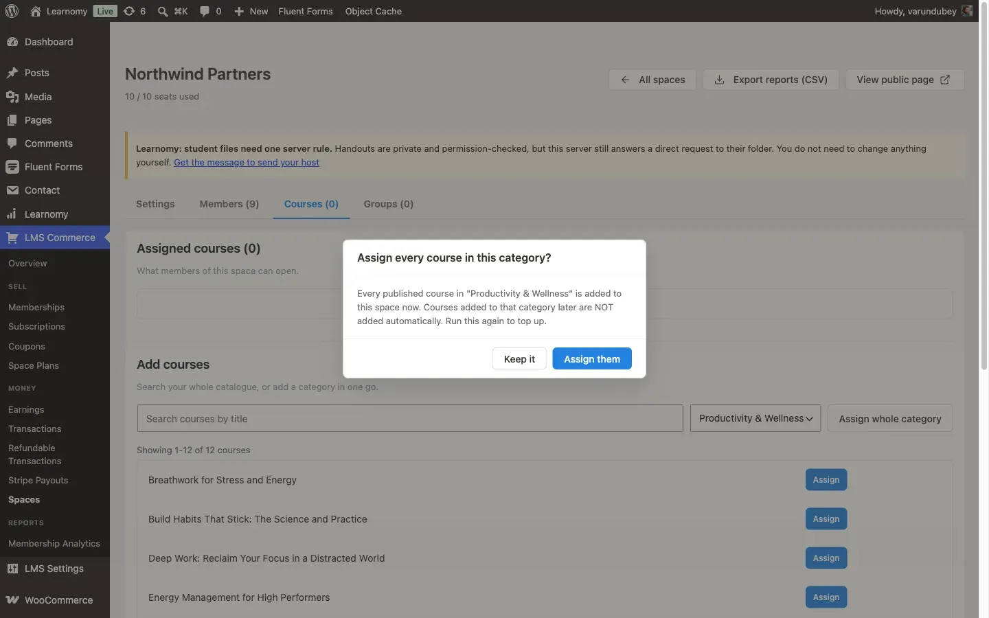 Assign whole category confirmation dialog, showing the one-time-copy caveat for Productivity &amp; Wellness