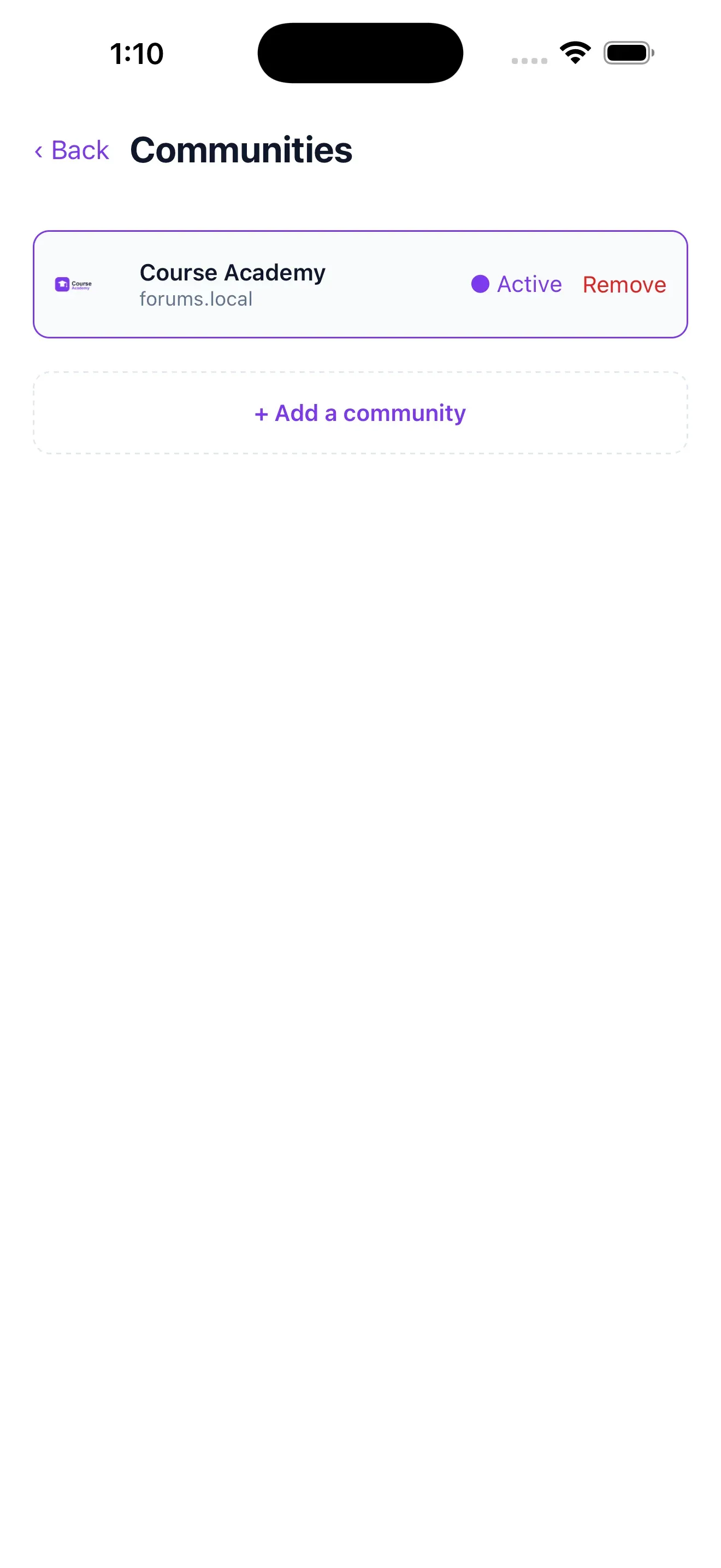 The Communities screen, where a member can switch between several Jetonomy communities or add another