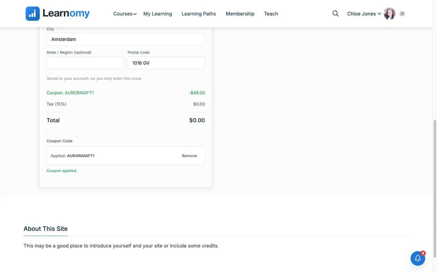 Coupon AURORAGIFT1 applied, dropping the total to zero