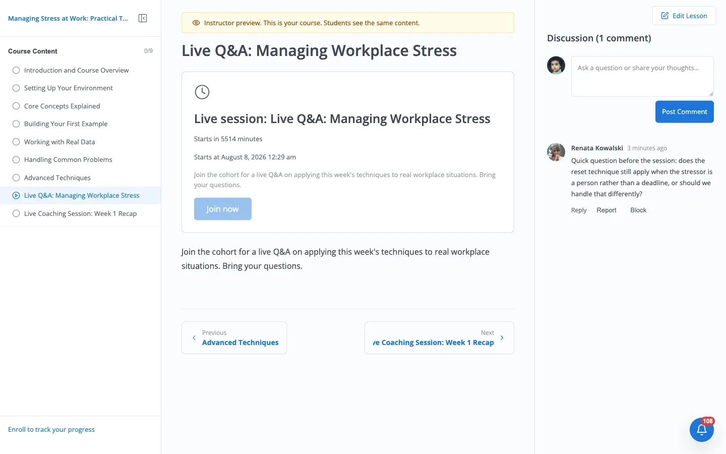 Instructor previewing the live Q&A lesson, showing “Discussion (1 comment)” with Renata Kowalski’s question and Reply, Report, and Block actions underneath it