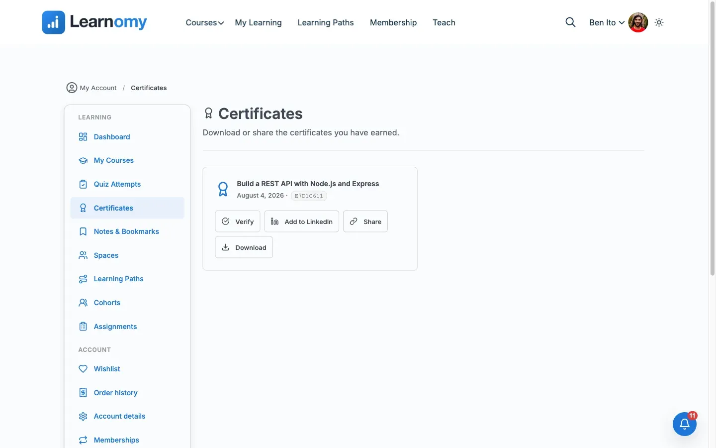 Issued certificate on the student’s My Certificates page