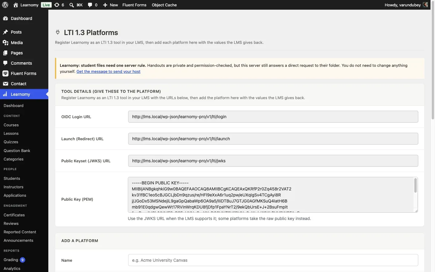 LTI Platforms screen showing the tool’s OIDC Login URL, Launch URL, JWKS URL, and public key, ready to paste into a partner LMS