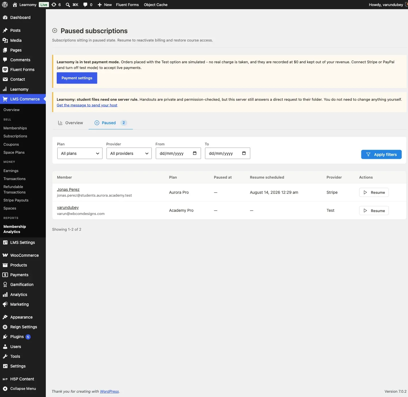 Paused subscriptions tab showing a member with a scheduled resume date